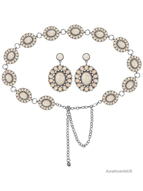 Turquoise Concho Chain Belt Set with Earrings Metal Western